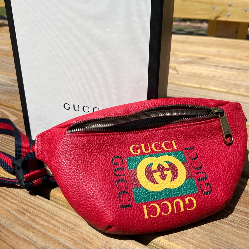 SOLD. GUCCI calfskin belt bag hibiscus red, fanny pack 527792 204991